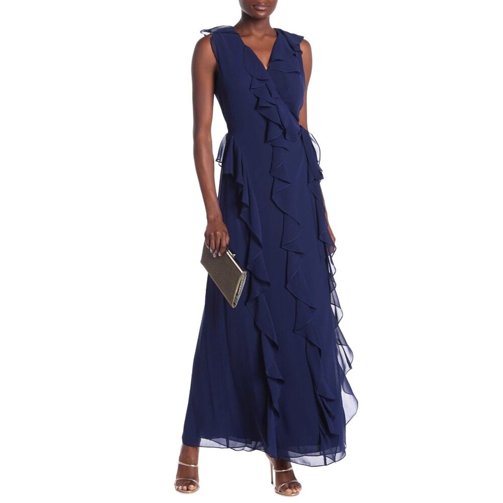 DIANE VON FURSTENBERG DRESS RUFFLE BLUE LACEY MAXI WRAP GOWN sz M MEDIUM